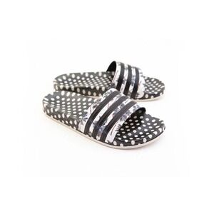Adidas Adilette Slides Women Black White Polka Dot Palm Tree Tropical Flip Flops